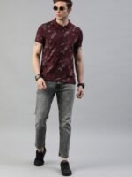 The Roadster Lifestyle Co Men Maroon and Grey Printed Polo Collar Pure Cotton T-shirt