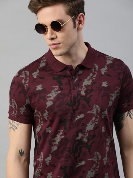 The Roadster Lifestyle Co Men Maroon and Grey Printed Polo Collar Pure Cotton T-shirt