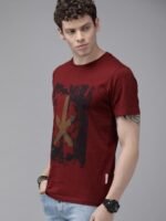 The Roadster Lifestyle Co Men Maroon Graphic Printed Round Neck Pure Cotton T-shirt