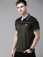 The Roadster Lifestyle Co Men Olive Green Pure Cotton Colourblocked Polo Collar Pure Cotton T-shirt