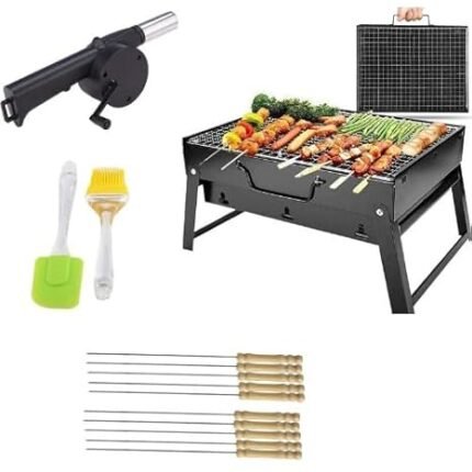 THEODORE Barbecue Grills - Foldable Charcoal Barbeque Grill With (2 Spatula, 1 Bbq, 12 Stick, 1 Air Blower) | Outdoor bbq grill tools for Camping Picnics Traveling - Stellar...