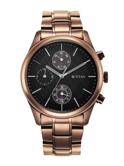 Titan Men Black Dial & Brown Stainless Steel Straps Analogue Multi Function Watch 1805QM04