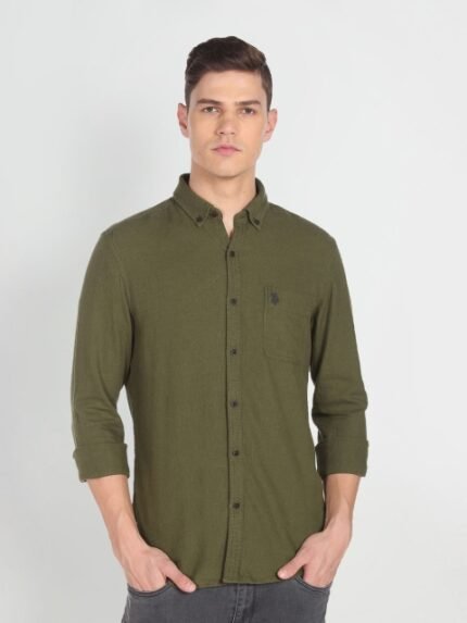 U S Polo Assn Denim Co Men Olive Green Solid Slim Fit Pure Cotton Casual Shirt