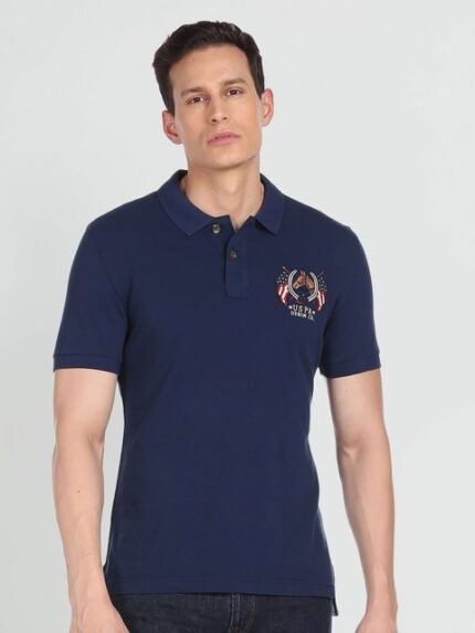 U.S. Polo Assn. Denim Co. Men Navy Blue Pure Cotton Brand Logo Printed Polo Collar T-shirt