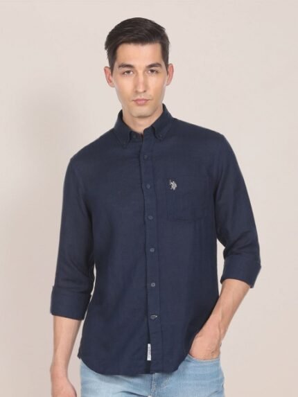 U.S. Polo Assn. Men Navy Blue Tailored Fit Solid Opaque Pure Linen Casual Shirt