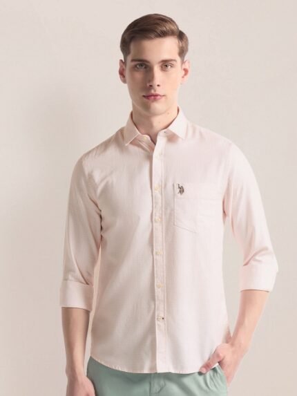 U.S. Polo Assn. Textured Self Design Spread Collar Casual Shirt