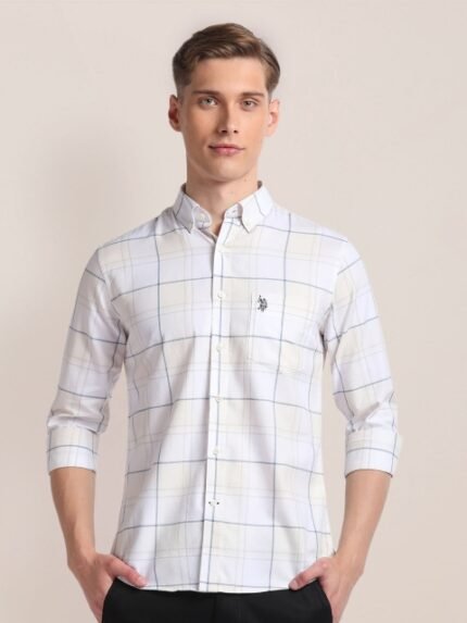 U.S. Polo Assn. Windowpane Checks Checked Spread Collar Cotton Casual Shirt