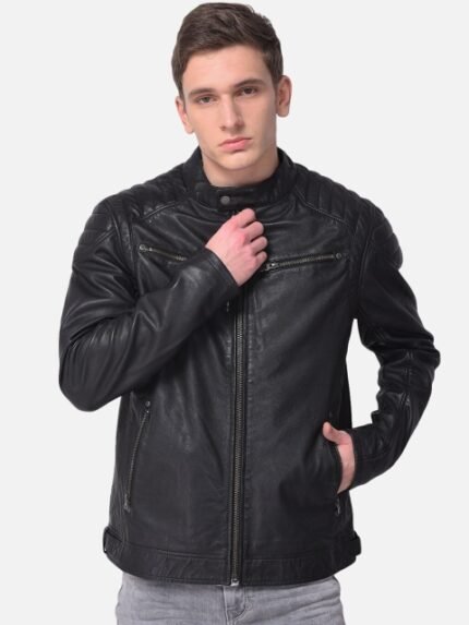 Woods Men Black Geometric Leather Water Resistant Bomber Jacket