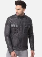 Woods Men Black Leather Water Resistant Longline Bomber with Patchwork Jacket