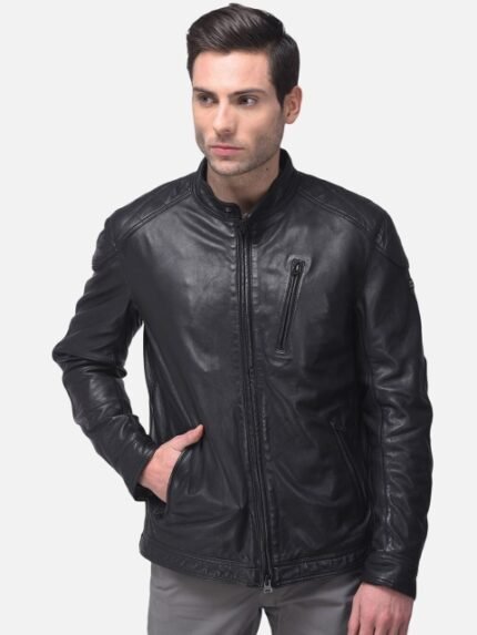 Woods Men Black Water Resistant Leather Jacket