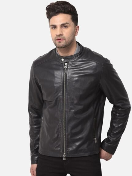 Woods Men Black Water Resistant Leather Jacket