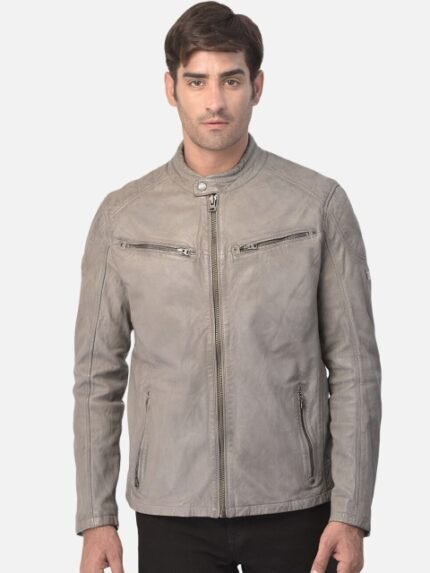 Woods Men Grey Leather Water Resistant Leather Jacket