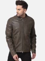 Woods Men Olive Green Leather Water Resistant Bomber with Embroidered Jacket