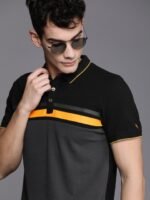 WROGN Men Black Charcoal Grey Colourblocked Slim Fit Polo Collar Pure Cotton T-shirt