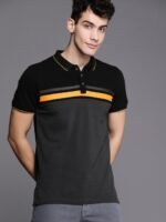 WROGN Men Black Charcoal Grey Colourblocked Slim Fit Polo Collar Pure Cotton T-shirt