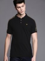 WROGN Men Black Slim Fit Polo Collar Cotton Pure Cotton T-shirt with Side Stripes