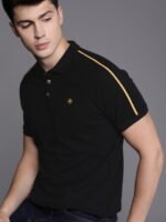 WROGN Men Black Slim Fit Polo Collar Cotton Pure Cotton T-shirt with Side Stripes