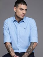 WROGN Men Blue Solid Slim Fit Pure Cotton Casual Shirt