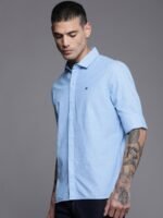 WROGN Men Blue Solid Slim Fit Pure Cotton Casual Shirt