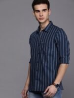 WROGN Men Navy Blue & Grey Slim Fit Striped Casual Shirt