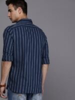 WROGN Men Navy Blue & Grey Slim Fit Striped Casual Shirt