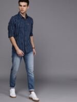 WROGN Men Navy Blue & Grey Slim Fit Striped Casual Shirt