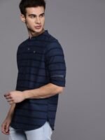 WROGN Men Navy Blue Slim Fit Striped Casual Shirt