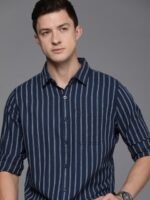 WROGN Men Navy Blue & White Pure Cotton Slim Fit Striped Casual Shirt