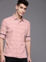 WROGN Men Pink & White Slim Fit Self-Striped Casual Shirt