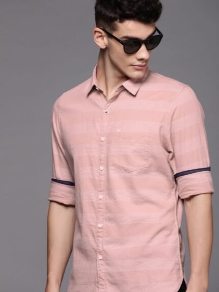 WROGN Men Pink & White Slim Fit Self-Striped Casual Shirt