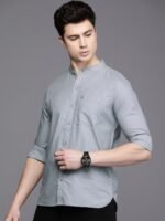 WROGN Men Pure Cotton Solid Band Collar Slim Fit Opaque Casual Shirt