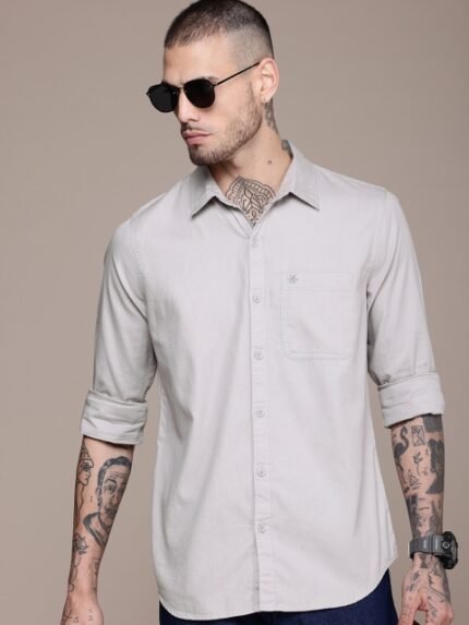 WROGN Pure Cotton Self Design Slim Fit Textured Casual Shirt