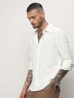 Campus Sutra White Classic Textured Long Sleeves Casual Shirt