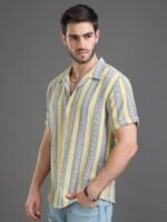 HERE&NOW Slim Fit Striped Cuban Collar Cotton Casual Shirt