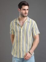 HERE&NOW Slim Fit Striped Cuban Collar Cotton Casual Shirt