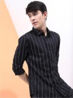 HIGHLANDER Men Black Slim Fit Striped Cotton Casual Shirt