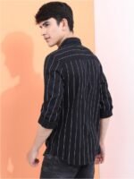 HIGHLANDER Men Black Slim Fit Striped Cotton Casual Shirt