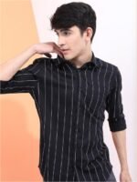 HIGHLANDER Men Black Slim Fit Striped Cotton Casual Shirt