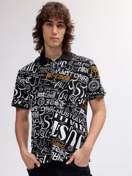 Just Cavalli Men Typography Printed Polo Collar Pockets T-shirt