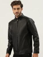 Leather Retail Men Black Solid Leather Jacket