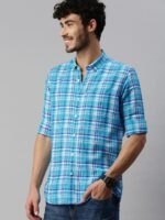 Mast & Harbour Men Blue & White Regular Fit Checked Casual Cotton-Linen Sustainable Shirt