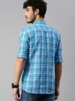 Mast & Harbour Men Blue & White Regular Fit Checked Casual Cotton-Linen Sustainable Shirt