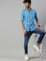 Mast & Harbour Men Blue & White Regular Fit Checked Casual Cotton-Linen Sustainable Shirt