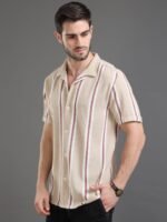 Moda Rapido Beige Slim Fit Striped Short Sleeves Cotton Casual Shirt