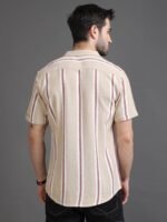 Moda Rapido Beige Slim Fit Striped Short Sleeves Cotton Casual Shirt