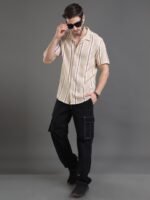 Moda Rapido Beige Slim Fit Striped Short Sleeves Cotton Casual Shirt