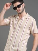 Moda Rapido Beige Slim Fit Striped Short Sleeves Cotton Casual Shirt