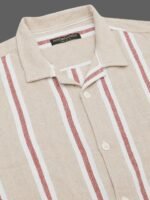 Moda Rapido Beige Slim Fit Striped Short Sleeves Cotton Casual Shirt