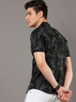 Moda Rapido Black Floral Printed Cuban Collar Slim Fit Cotton Casual Shirt