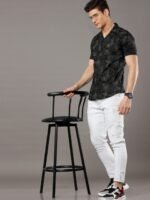 Moda Rapido Black Floral Printed Cuban Collar Slim Fit Cotton Casual Shirt